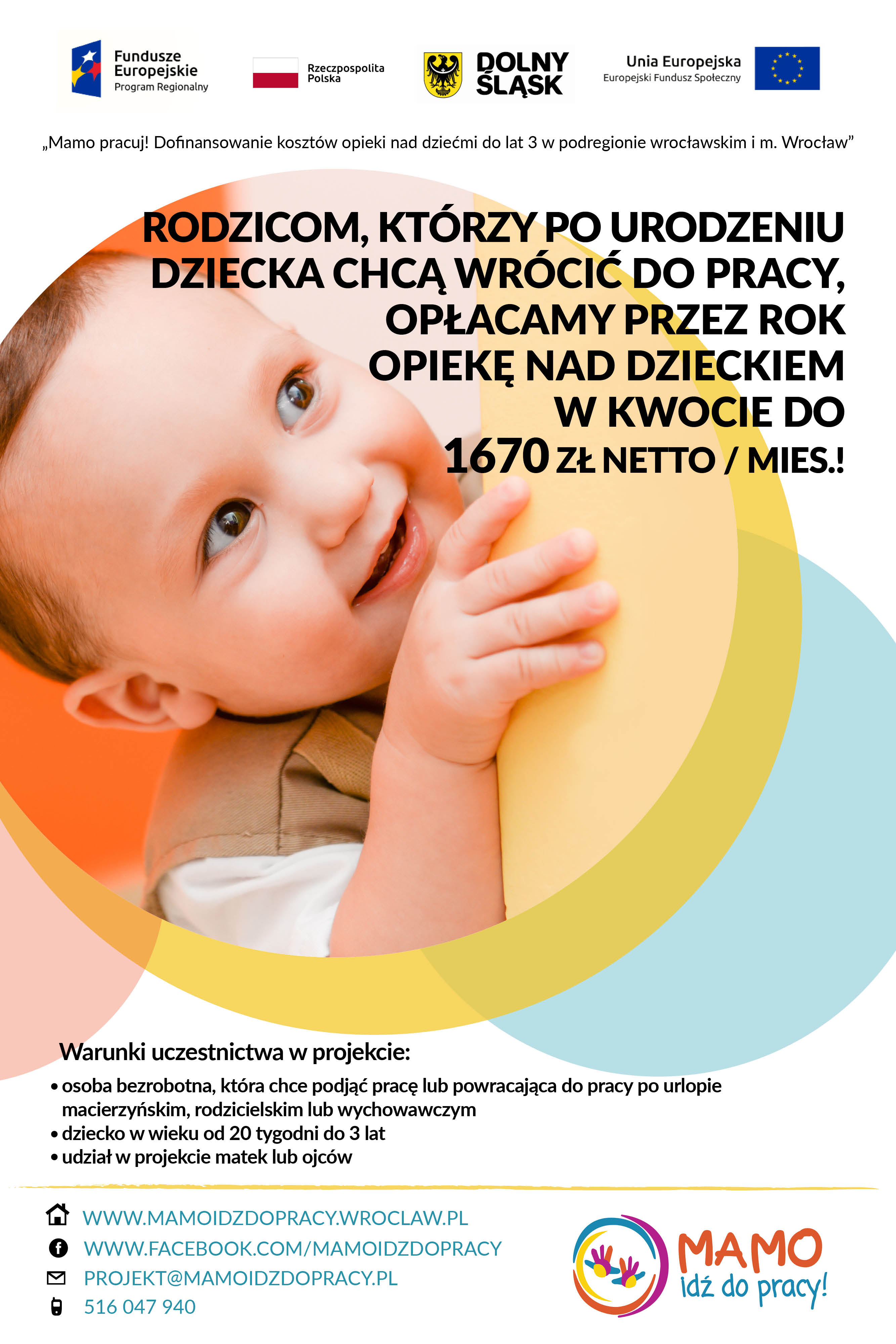 plakat przedstawia dane kontaktowe i informacje na temat projektu "Mamo pracuj"