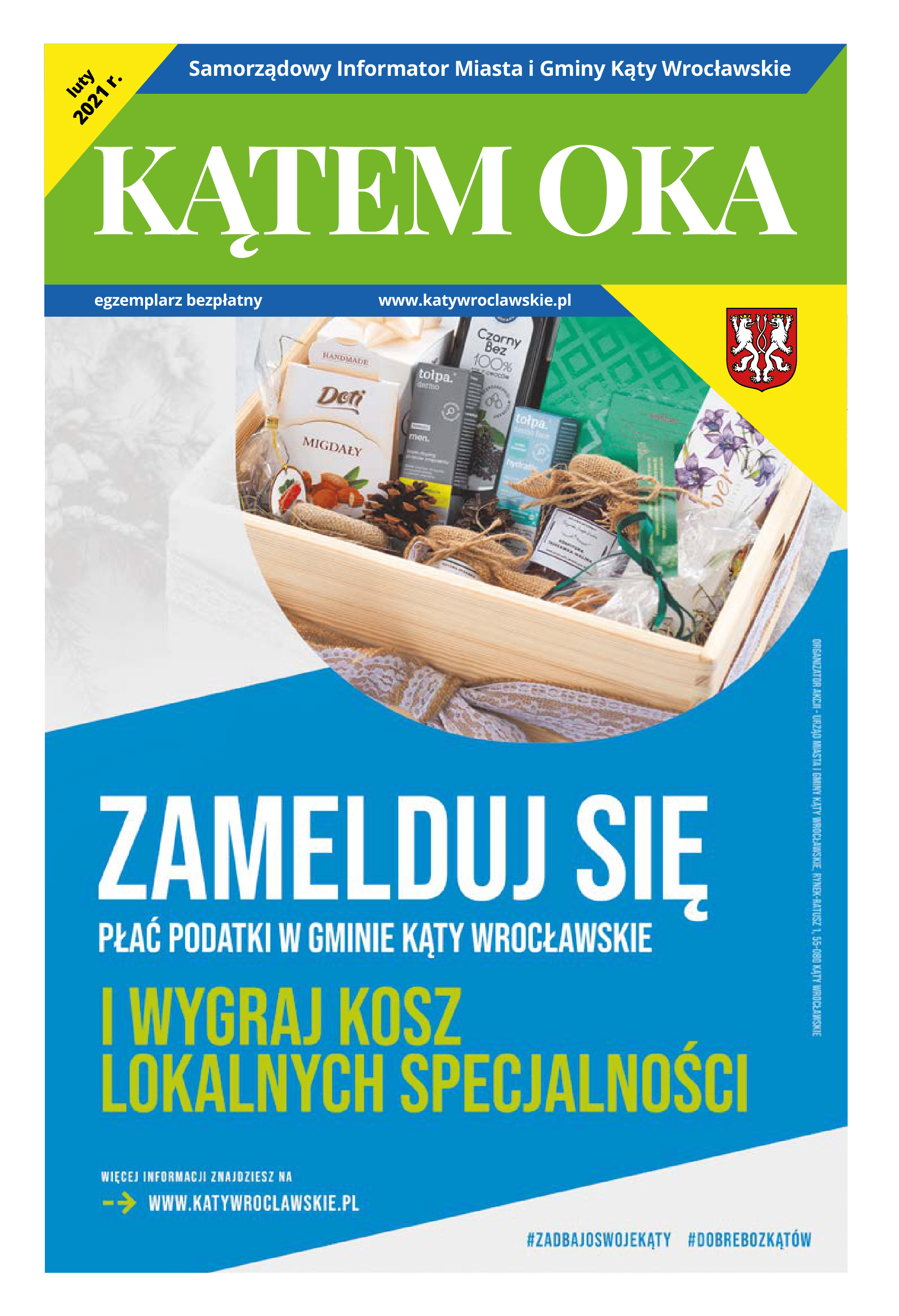 Okładka Informatora Gminnego Kątem Oka z koszem upominkowym z lokalnymi produktami