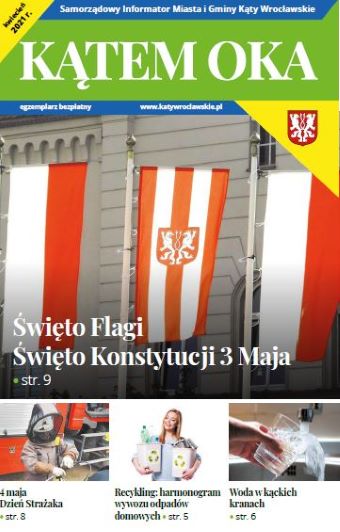 Okładka Informatora Gminnego Kątem Oka z flagami polski i flagą Katów wrocł.