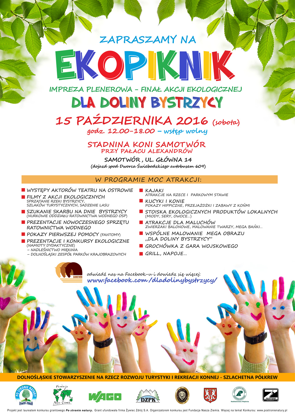 plakat przedstawia informacje dotyczące akcji finałowej - EKOPIKNIKU w Samotworze organizowanego 15 października 2016r., w godz. 12-18