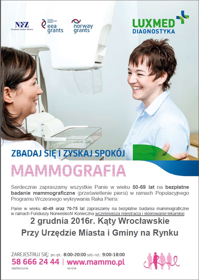 zdjęcie przedstawia dwie uśmiechnięte kobiety stojące przy mammografie