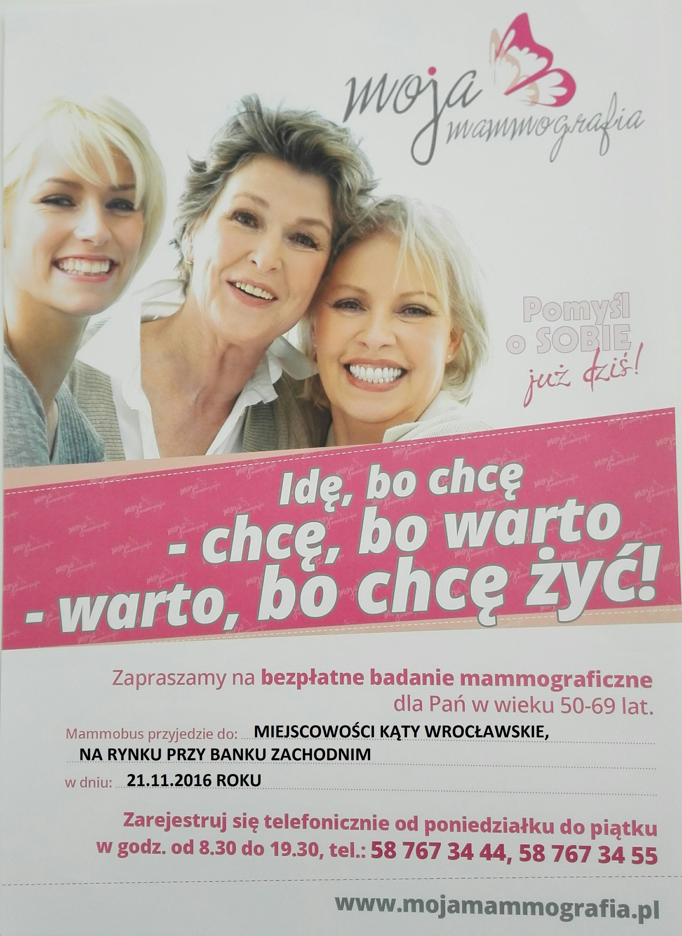 plakat przedstawia informacje dotyczące bezpłatnych badań mammograficznych organizowanych w Kątach Wrocławskich w dniu 21 listopada 2016r.