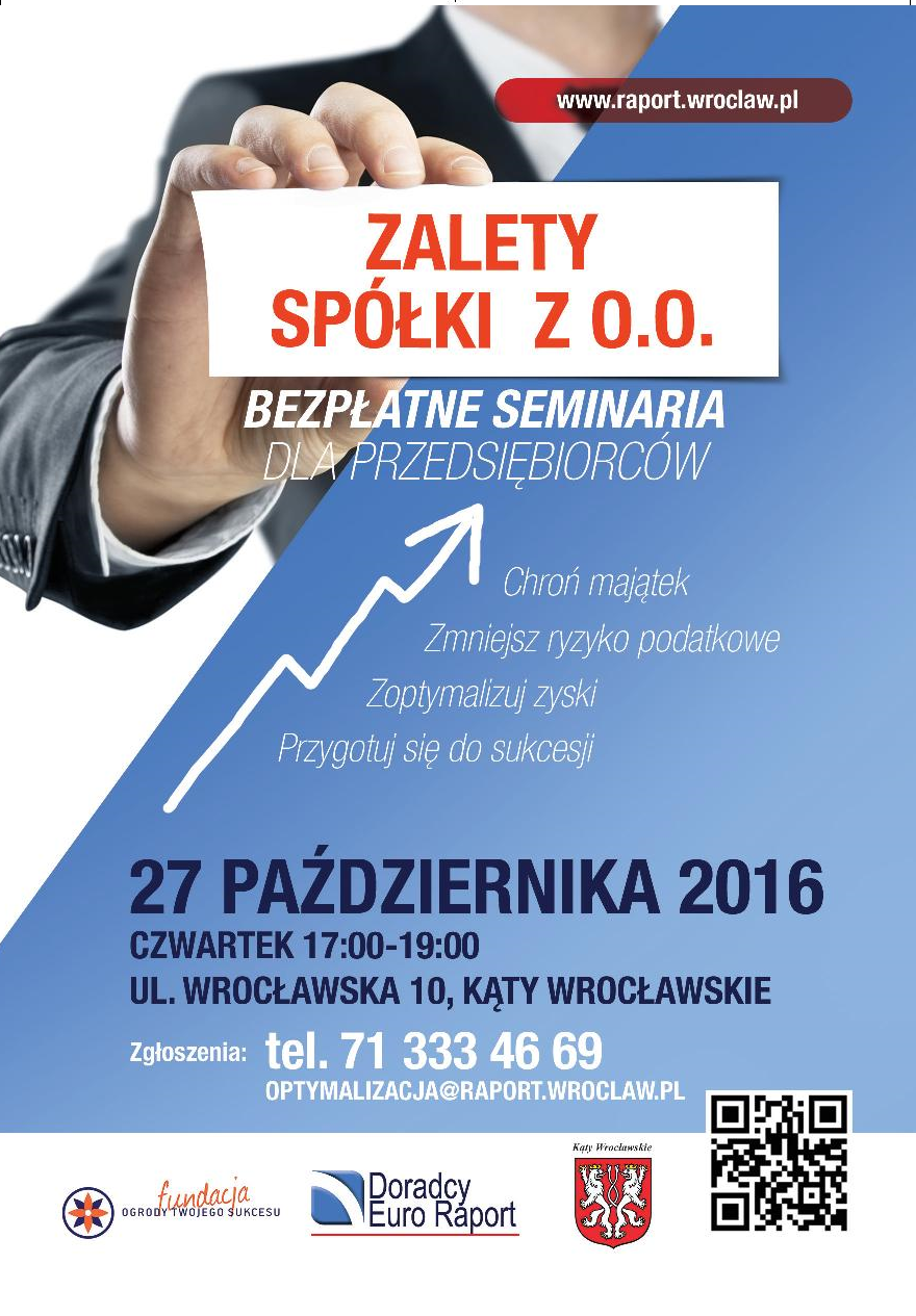plakat przedstawia informacje dotyczące szkolenia pt. Zalety spółki z o.o., organizowanego w Kątach Wr. w dniu 27 października 