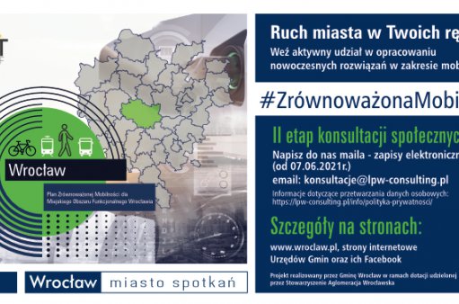 Ulotka zachęcająca do udziału w konsultacjach społecznych dot.transportu na terenie aglomeracji wrocławskiej