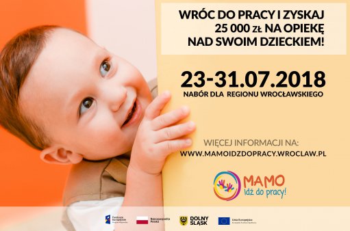 plakat przedstawia dane kontaktowe i informacje na temat projektu "Mamo pracuj"