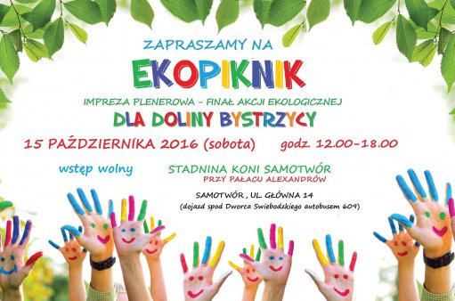 plakat przedstawia zaproszenie na EKOPIKNIK w Samotworze organizowany 15 października 2016 roku, w godz.: 12-18