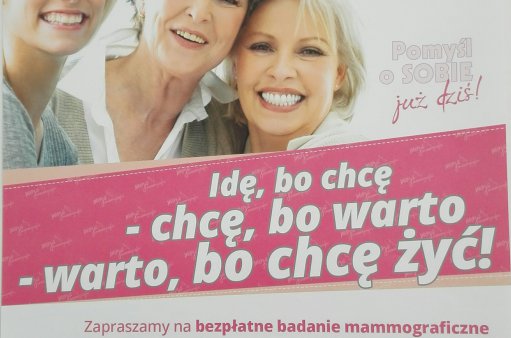 plakat przedstawia informacje dotyczące bezpłatnych badań mammograficznych organizowanych w Kątach Wrocławskich w dniu 21 listopada 2016r.