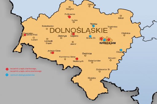 plakat przedstawia mapę województwa dolnośląskiego z instytucjami skarbowymi