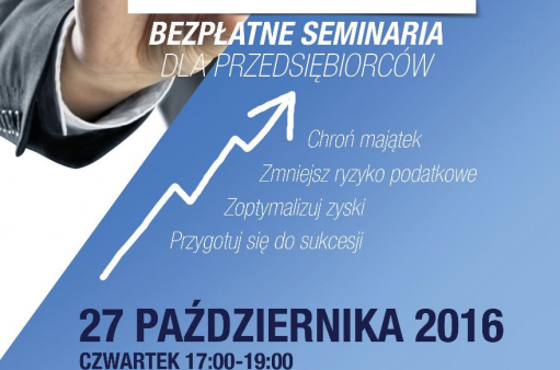 plakat przedstawia informacje dotyczące szkolenia pt. Zalety spółki z o.o., organizowanego w Kątach Wr. w dniu 27 października 